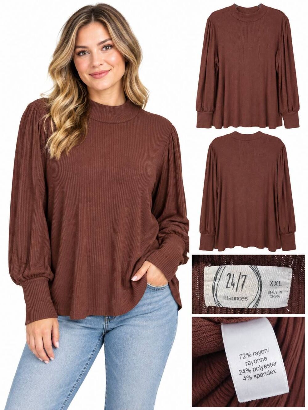 Maurices XXL 24/7 Brown Ribbed Mock Neck Puff Sleeve Top